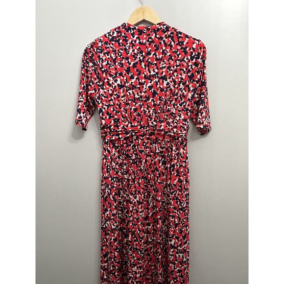 Vince Camuto Ruched Dress Red Blue White Abstract Midi Women's Size 6 - Picture 3 of 5